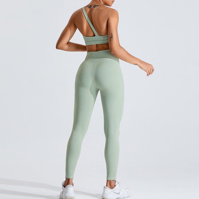 One-Shoulder Yoga Set – Front Pleated Top & Peach Pants