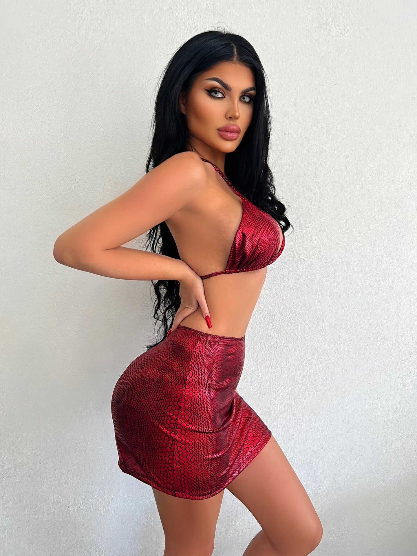 3 Piece metallic Bikini Set With Cover Up Skirt