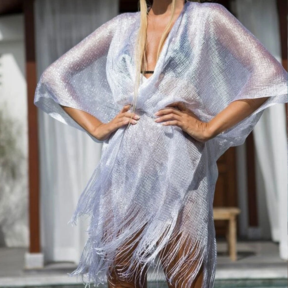 Sheer Metallic Mesh Beach Cover-Up