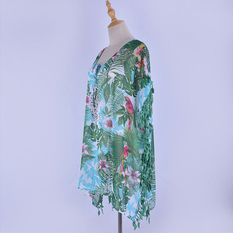 Green Bird Printed Bikini Cover-up