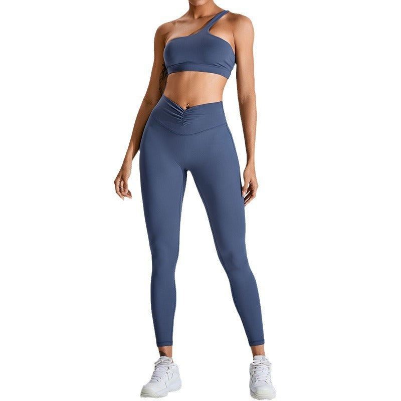 One-Shoulder Yoga Set – Front Pleated Top & Peach Pants