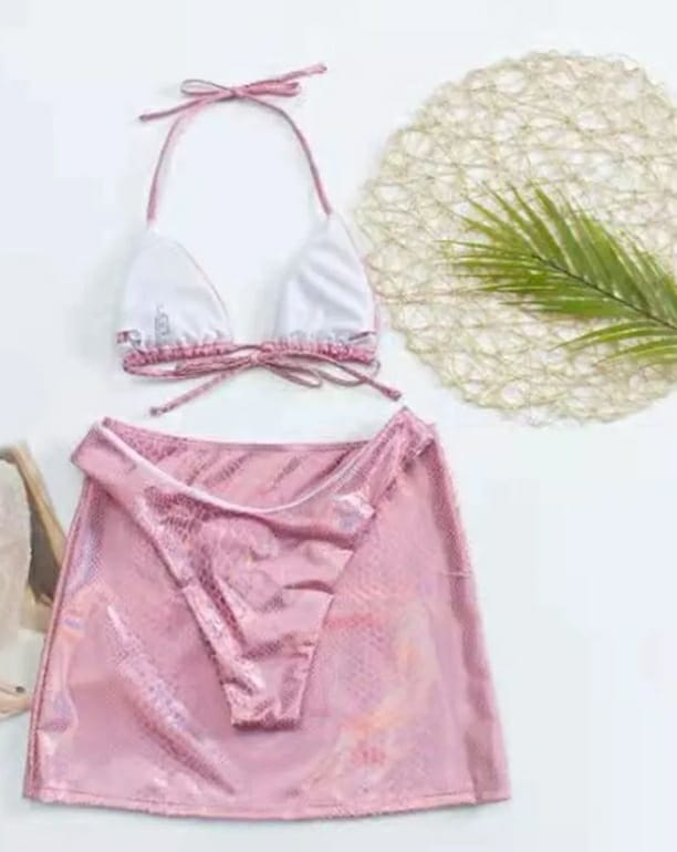 3 Piece metallic Bikini Set With Cover Up Skirt
