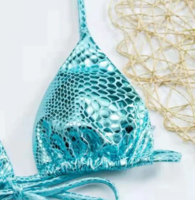 3 Piece metallic Bikini Set With Cover Up Skirt
