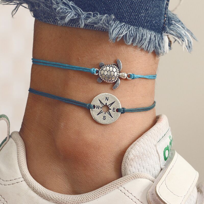 Handmade Turtle & Compass Anklet
