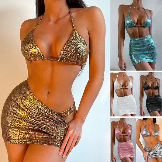 3 Piece metallic Bikini Set With Cover Up Skirt