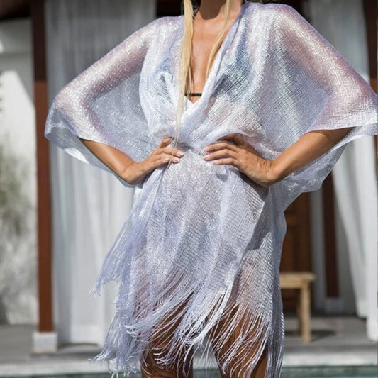 Sheer Metallic Mesh Beach Cover-Up