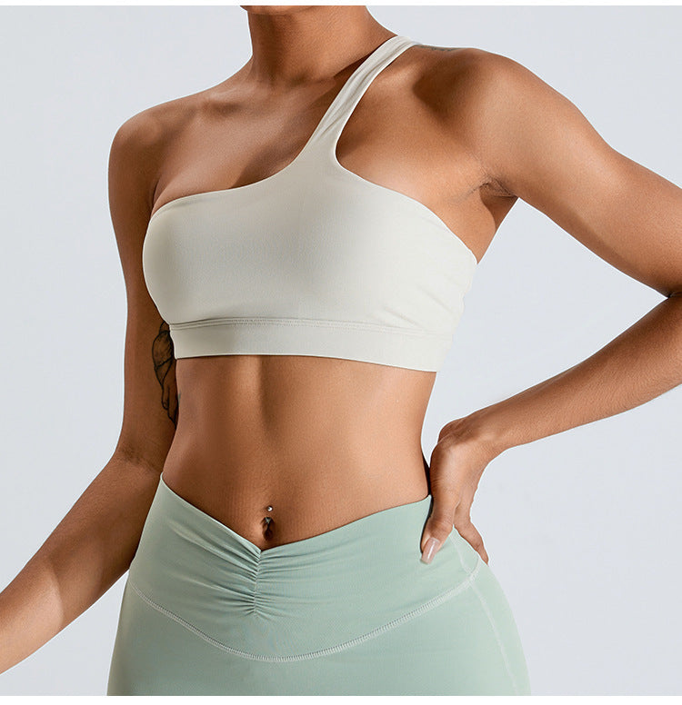 One-Shoulder Yoga Set – Front Pleated Top & Peach Pants