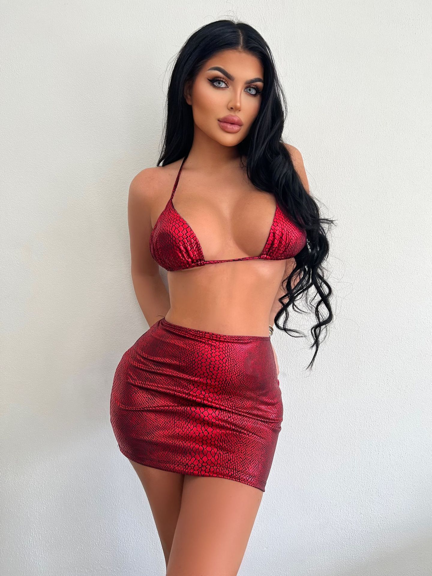 3 Piece metallic Bikini Set With Cover Up Skirt