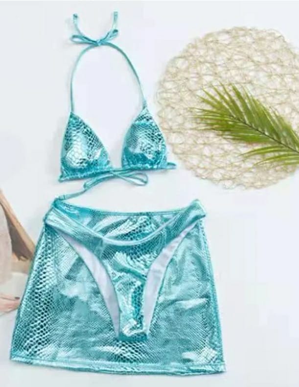 3 Piece metallic Bikini Set With Cover Up Skirt