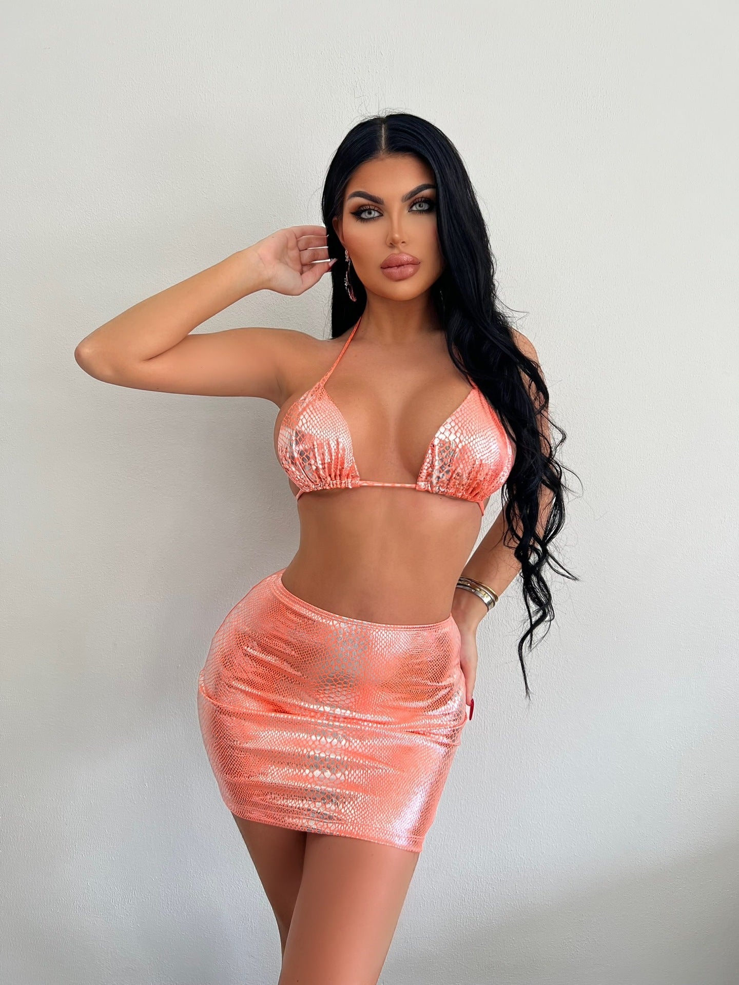 3 Piece metallic Bikini Set With Cover Up Skirt